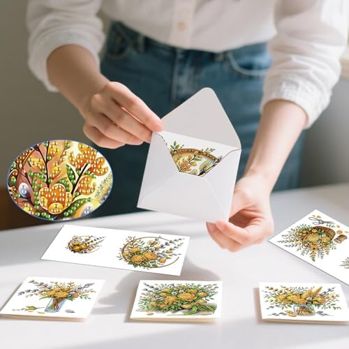 6pcs 5D DIY Diamond Painting Kit Greeting Card, Yellow Flower Diamond Handmade Greeting Card with Envelope, Holiday Gift Congratulations