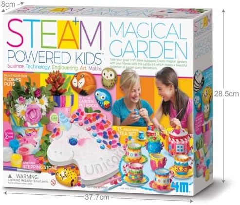 4M Magical Garden Kit for Kids Ages 8-12 – 4-in-1 Craft Set: Paint Flower Pots, Unicorn Stepping Stone with Glow Star, Mosaics & Gemstones, Mini Porcelain Tea Set, Garden Stones, Creative Art Gift