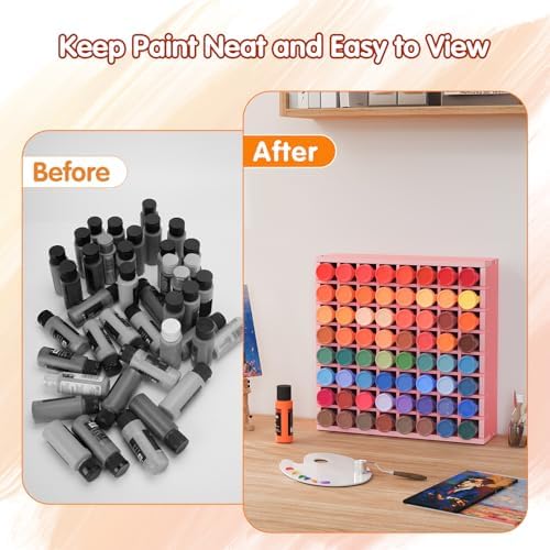 Krafetto 64-Grid Paint Organizer for 2 Oz Bottles, Wall Mount, Pink