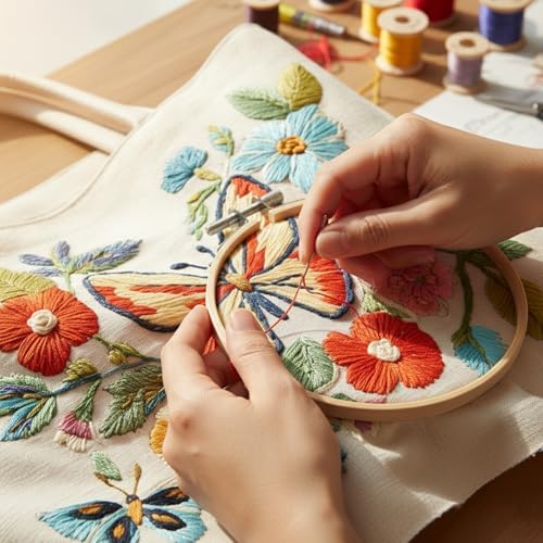 ARTopet Embroidery Tote Bag Kit for Beginners Butterfly Canvas Cross Stitch Handbag with Hoops Needles Threads Reusable Grocery Bag for Women-Butterfly02