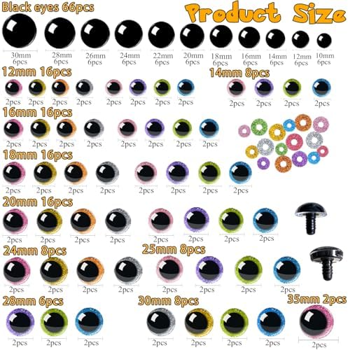 CSCHENGO 402Pcs 8 Colors 10-35mm Amigurumi Craft Eyes & Noses - 3 Styles Shiny Crochet Eyes Black Safety Eyes,Safety Eyes for Crocheting Kit with Glasses Tags Pendants, DIY Handmade Craft Figurines