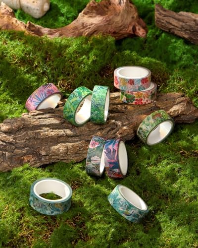 Plants Washi Tape Set in Painting Style 10 Rolls Tropical Rainforest Drawing Masking Animals Graphic Decorative Tapes for Arts, DIY Crafts, Journals, Planners, Scrapbook, Wrapping