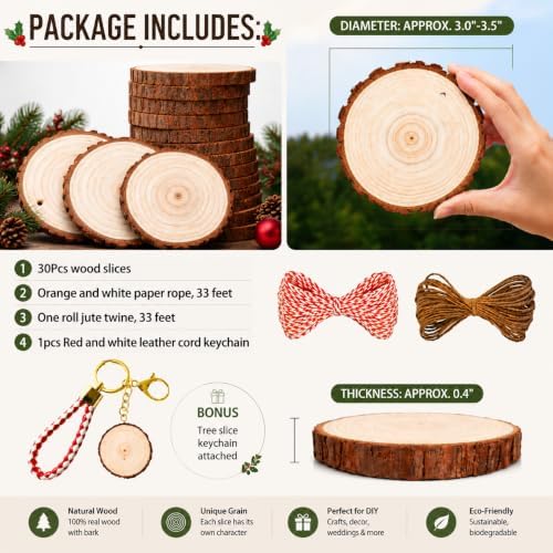SENMUT Wood Slices 30 Pcs 3.1-3.6inch Natural Rounds Unfinished Wooden Circles Christmas Ornaments for Crafts Wood Kit Predrilled with Hole Wood Coasters, Craft Supplies for DIY and Painting
