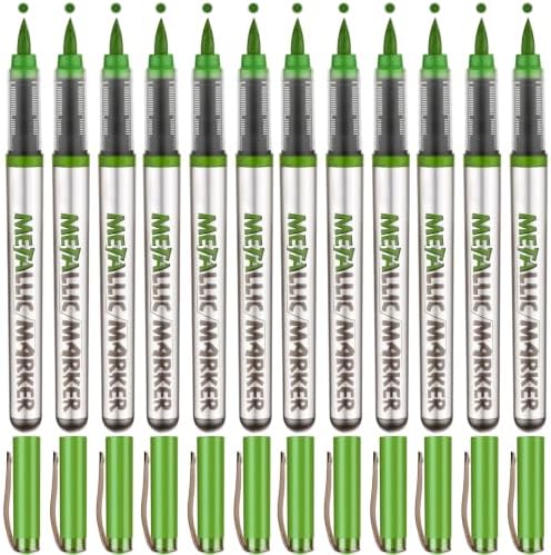 Metallic Acrylic Paint Markers, 12 Pcs Soft Brush Tip Marker Pens for Stone,Paper,Wood,Glass,Fabric Paint,DIY Crafts (12, Light Green)