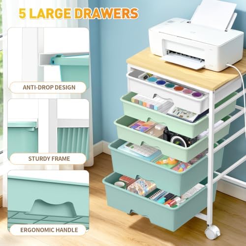 SUNALLY Rolling Carts With 5 Drawers, Storage Drawer Carts for Craft, Green | Rolling Utility Cart with Wooden Tabletop & 2 Lockable Wheels, Teacher Storage Cart for Classroom School, Makeup, Nail, Art