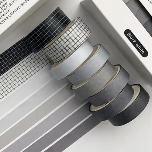 YUBBAEX 8 Rolls Basic Washi Tape Set Solid Color Grid Masking Decorative Tapes for Arts, DIY Crafts, Journals, Planners, Scrapbooking, Wrapping (Black White)