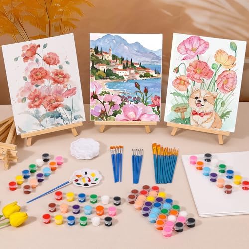 cridoz Paint and Sip Kit for Adults, 6 Pack 8" x 10" Canvases with Easels, Acrylic Paint Set, Painting Trays for Parties
