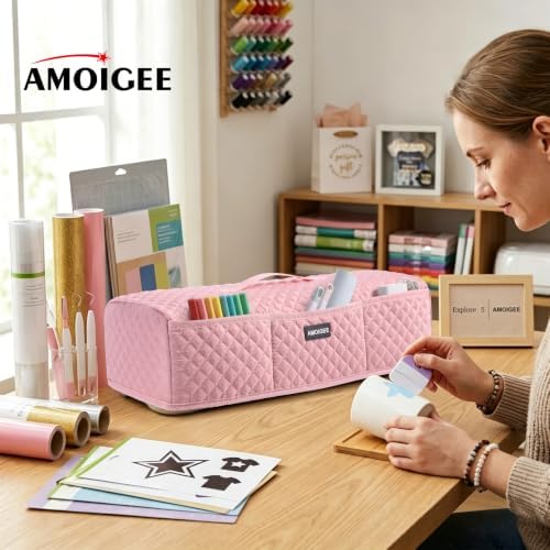 AMOIGEE Dust Cover for Latest Cutting Machine Cricutt Explore 5, Quilted Protective Cover with Storage Pockets for Cutting Machine, Floral Fabric Anti-Dust Cover for Craft Machine Organizer