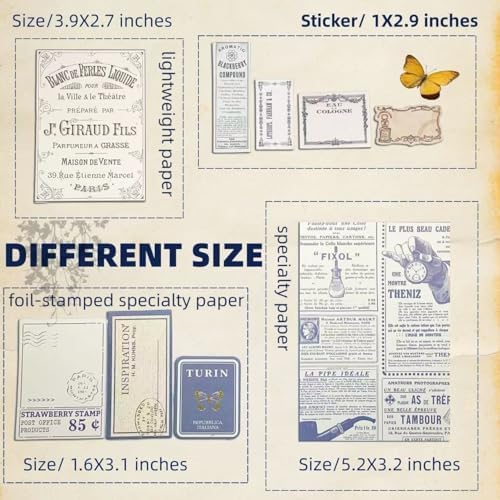 400Pcs Vintage Scrapbook Paper & Journaling Stickers Set, Mix Sizes Antique Single Side Printed Craft Paper for DIY Card Making, Journaling, Photo Album & Decoration