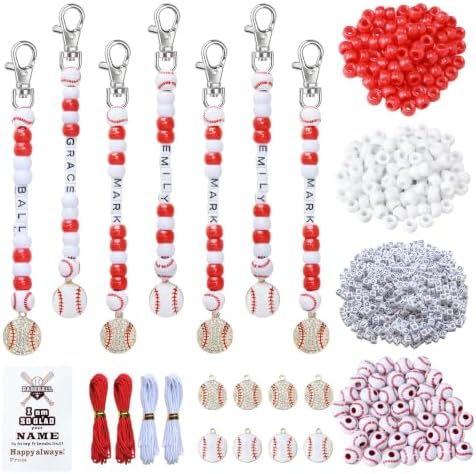 Tuhangcc 500 Pcs Baseball DIY Keychain Making Kit, Adjustable Letter Alphabet Beads Strings,8 Charm 16 Cards with Lobster Clasps & Strings for Sport Theme Party Favor Gift (Baseball)