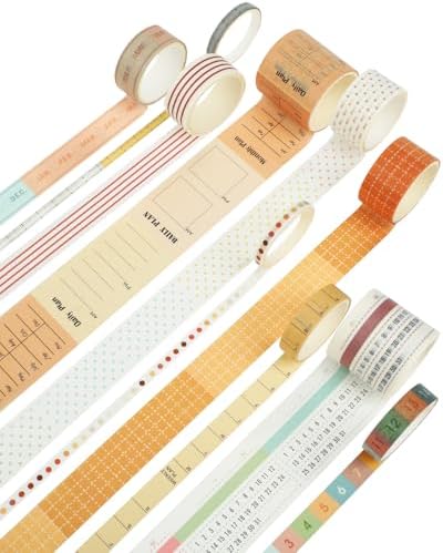 EORTA 10 Rolls Retro Calendar Washi Tapes, 5 Sizes Self-Adhesive Decorative Sticker for Daily Weekly Monthly Planner, Scrapbook, Journal & Bible Journaling, Dotted/Striped Craft Gift Wrap Tape