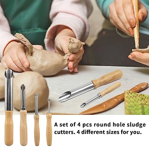 4 Pack Stainless Steel Circular Clay Hole Cutters, Wooden Handle Clay Tools for Drilling and Sculpture, Pottery Tools and Supplies