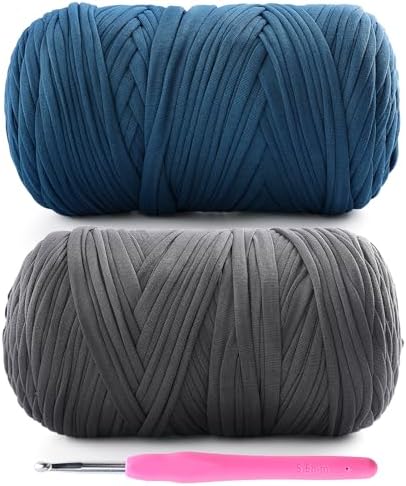 2 Pack Tshirt Yarn for Crochet - 800 G/260 Yds T Shirt Soft Elastic Fabric T-Shirt Yarn for Crocheting Bags Baskets Home Decor with 1 Crochet Hook (2, Dark Grey+Denim Blue)