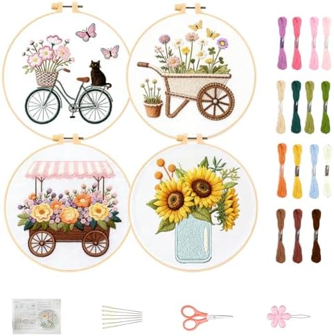 FREEBLOSS 4 Sets Embroidery Kit for Beginners Needlepoint Embroidery Starter Kit with Flower Theme Stamped Patterns, Instructions, Colored Threads, 2 Hoops 20cm/7.9inch
