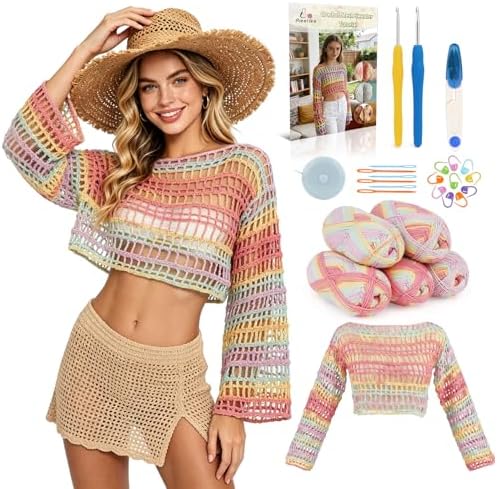 Aeelike Crochet Kit for Adults,Women Crochet Coverup,Ombre Pink Cotton Yarn