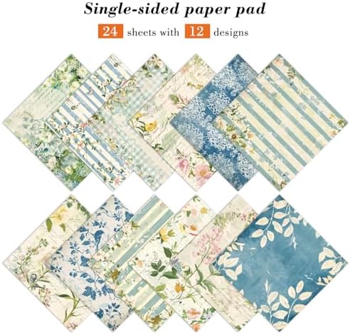 Floral Patterned Scrapbook Paper Pad - 24 Sheets 6x6 in Plant Designed Decorative Decoupage Folded Card Material Gift Wrapping Planners Junk Journal Supplies DIY Crafts Photo Album