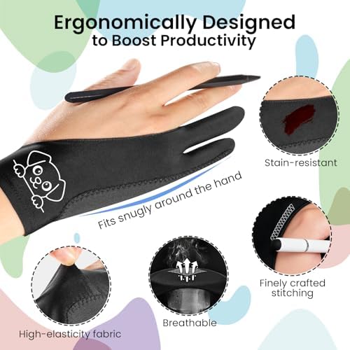 Cute Puppy Drawing Glove: 3-Layer Palm Rejection for iPad & Drawing Tablet | Smooth-Glide & Breathable Artist Glove for Digital Art, Two-Finger Design, Fits Left & Right Hand, 2-Pack + Cleaning Cloth