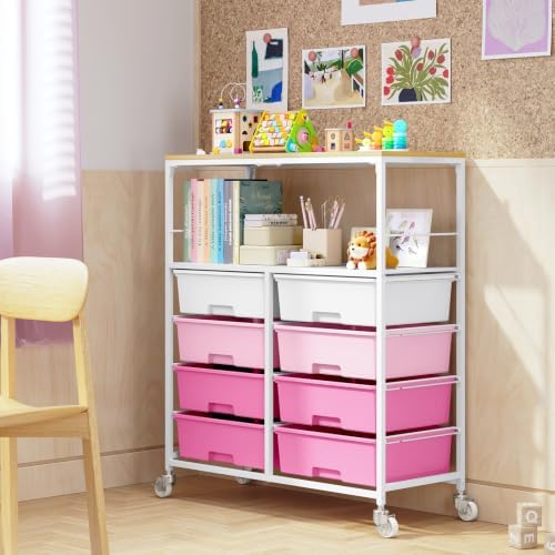 APEXCHASER Rolling Storage Cart with 8 Large Drawers, Wooden Tabletop