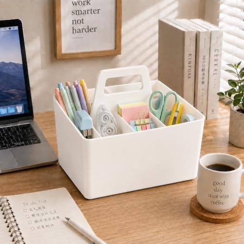 Multipurpose Caddy Organizer with Handle Plastic Desk Storage, White