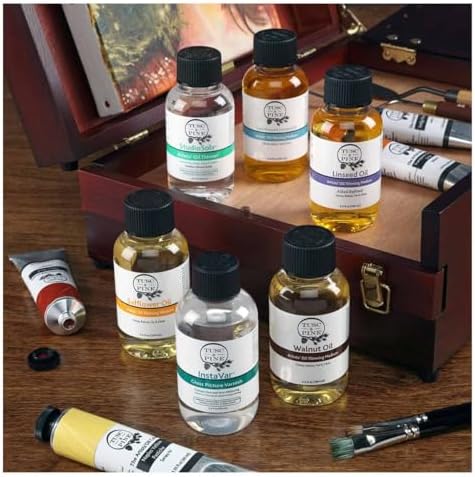 Tusc & Pine Oil Medium Sampler Set of 6 - 3.4oz Bottles, Linseed, Walnut, Safflower, Paint Thinner and Gloss Varnish, Non-Yellowing, Travel-Friendly, Made in USA