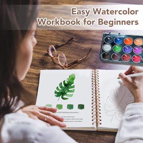 Easy Watercolor Workbook for Beginners - 12 Beautiful Step-by-Step Paintings Water Coloring Book, Includes 18 Colors Paints, Relaxing Art Projects and Creative Gift for Adults & Teen (Leaves)