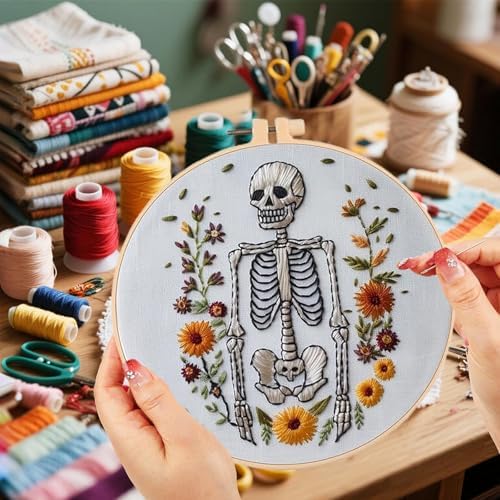 Floral Witch Hat Embroidery Kit Halloween Cross Stitch Material Set with Bat Skull Flower Pumpkin Patterns, DIY Hand Needlepoint Embroidery Craft Kit for Beginners Professional (Spooky Skeleton)