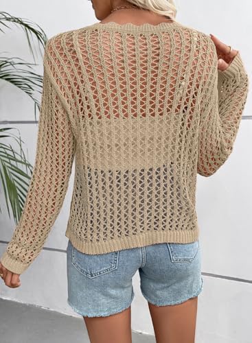 EVALESS Crochet Tops for Women Long Sleeve Hollow Out Knit Sweaters
