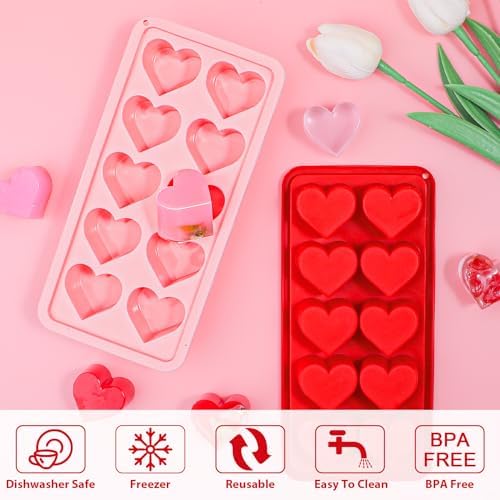Webake Heart Ice Cube Molds, 10-Cavity Heart Shaped Silicone Molds for Chocolate, Ice Cubes, Candy, Soap, Pink Red Ice Cube Trays for Cocktails, Whiskey, Drinkings (Pack of 3)