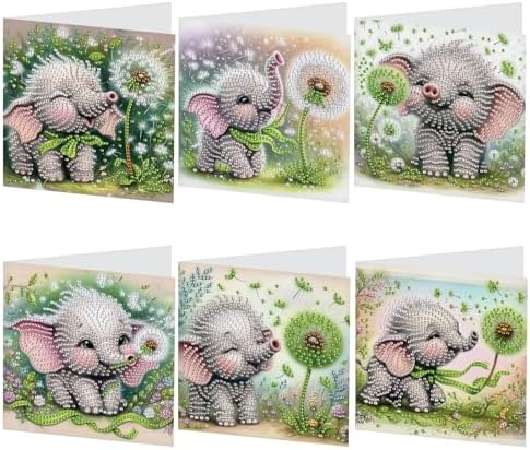 AiYuanzsh 6 Pack Diamond Art Greeting Card Kits with Envelopes, Special Shaped Diamond Painting Cards, DIY Rhinestone Diamond Art Cards for Birthday Christmas Holiday (Elephant and Dandelion)