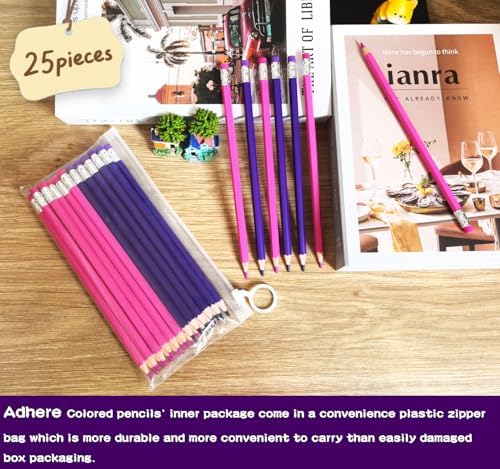 Adhere 25pcs Checking Pencils Erasable colored Pencils Pre-Sharpened #2 HB,for Checking Tests Grading,Map Coloring, editing Office Favors,including a Free sharpener. (Pink 13pcs + Purple 12pcs)