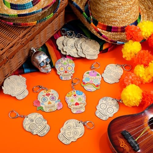 Trnayi 36 Pcs Day of The Dead Wood Keychain Color Your Own DIY Craft | Day of The Dead Wooden Keychain, Color Your Own Unfinished Craft, Blank Wood Painting DIY Craft, for Home Handcraft Project