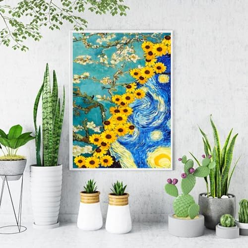 VeGuude Diamond Art Kits for Adults, Van Gogh Starry Night Sunflower Almond Blossom Combination Art, DIY 5D Round Full Drill Diamond Art for Beginner, Home Wall Decor Gift 12x16inch