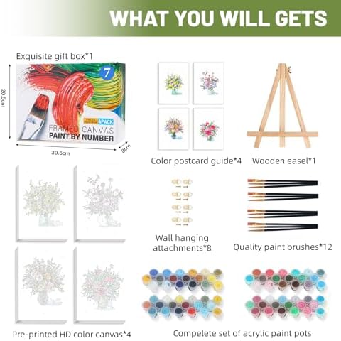4 Pack Framed Paint by Numbers Kit for Adults Beginner with Wooden Easel, Flowers Vase Easy Paint by Numbers with Frame, DIY Adult Paint by Numbers Kits on Canvas Framed for Home Decor Gift 8x12 Inch