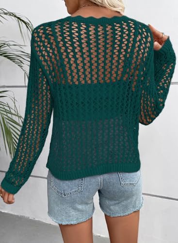 EVALESS Crochet Tops for Women Long Sleeve Hollow Out Knit Sweaters