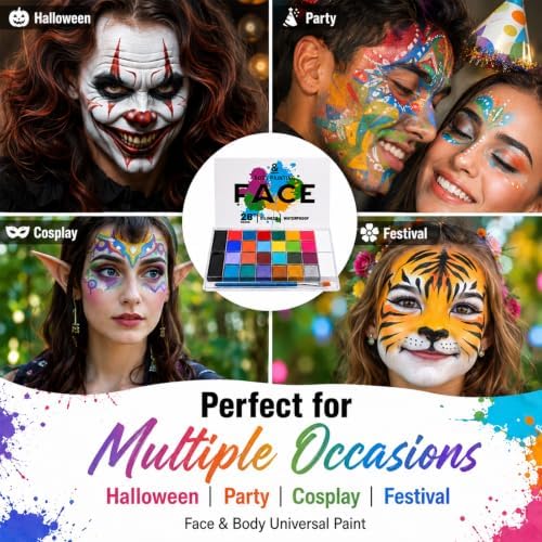 28 Colors Face Body Paint Kit, Oil Based, Waterproof Non-Toxic Face Paint Palette with Brush for Halloween Cosplay, Parties & Stage Makeup