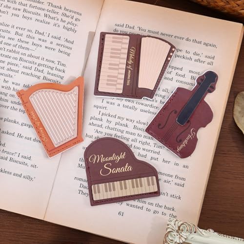 4PCS Leather Musical Instrument Bookmarks，Cute Corner Book Marks Sets for Reading，Art Read Lover Gifts for Women Men Girls Kids Reader，Pretty Book Markers for Reading, Aesthetic Gifts for Planner
