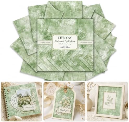 Vintage Scrapbook Paper Double Sided 12x12 Distressed Sage Green 24 Sheets
