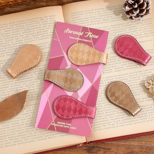 3PCS Vintage Magnetic Leather Bookmark, Leather Magnetic Bookmarks for Women, Magnetic PU Bookmarks Clip Book Accessories, Rhombic Pattern