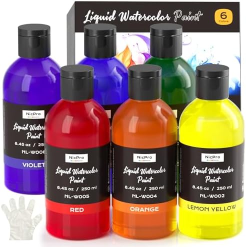 Nicpro 6 Colors Liquid Watercolor Paint Set, 8.45oz Large Bulk Water Color