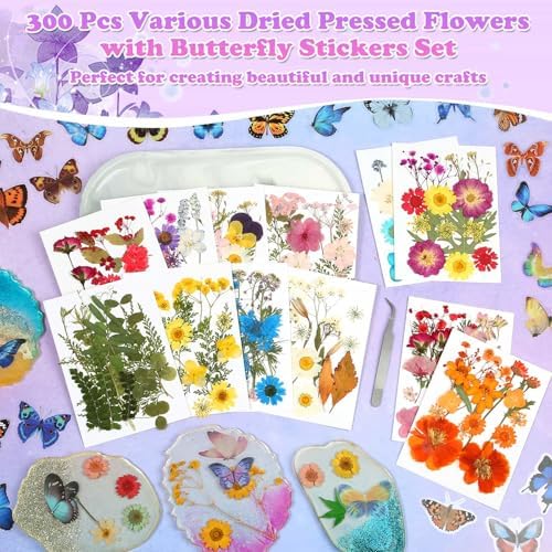 300 Pcs Real Dried Pressed Flowers & Butterfly Stickers for Resin Crafts