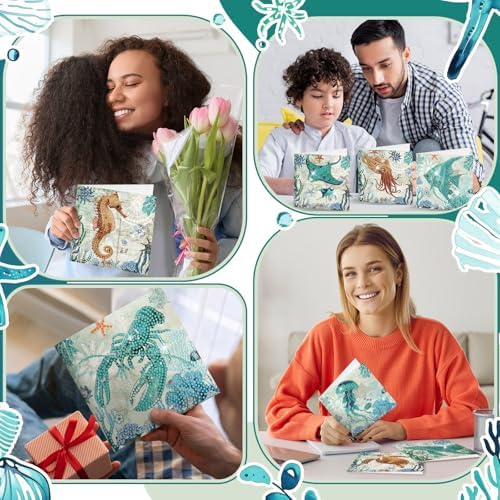 Saillong 12 Pack Summer Ocean Diamond Painting Greeting Card Kits DIY Under the Sea Diamond Art Cards with Envelopes Ocean Animals 5D Rhinestones Painting Making Kits for Adults DIY Craft Family Gifts
