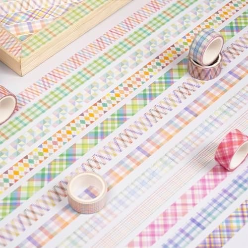 Basic Grid Washi Tape Set 12 Rolls Plaid Decorative Masking Tapes for Arts, DIY Crafts, Journals, Planners, Scrapbook, Wrapping (Colored)