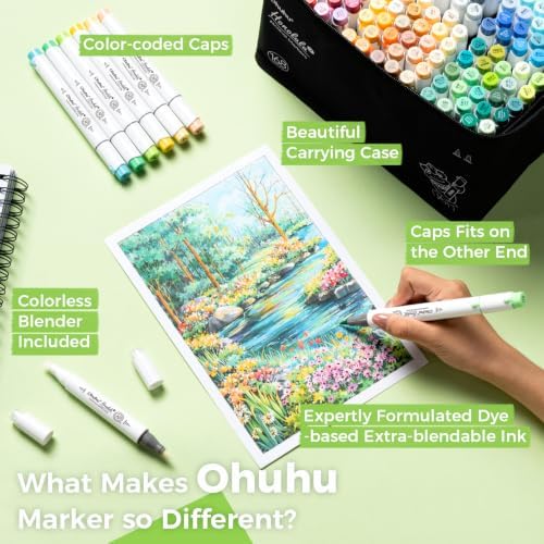 Ohuhu Alcohol Markers 168 Colors Brush& Chisel Honolulu 2 for Cozy Coloring | Brush Markers for Artists Adults Coloring Illustration, Double Tipped Brush Tip Alcohol-based AP Certified Refillable Ink