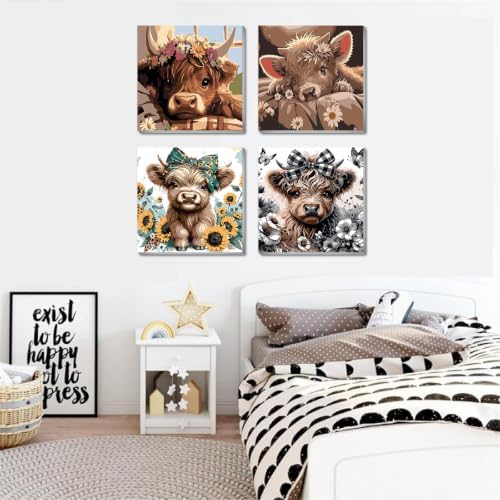 4 Pack Framed Paint By Numbers Kit for Adults, Cow Paint By Number Kits