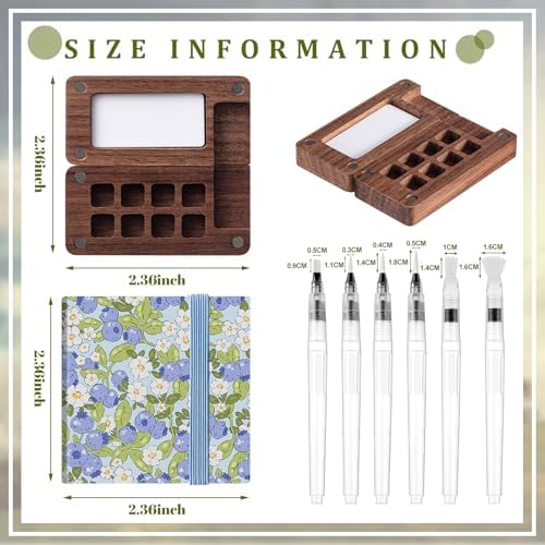 Qilery Mini Portable Watercolor Palette Set Wooden Grid Paint Box Watercolor Paper Sketch Book Brush Pens with Binder Clip for Painters Artist Not Include Paint(Blueberry)