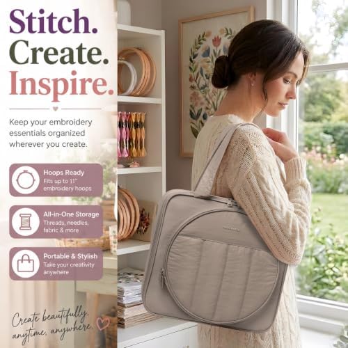 Puffy Embroidery Project Bag, Quilted Embroidery Floss Organizer for Hoops up to 11", Cross Stitch Project Storage Case for Needlepoint Project, Thread & Stitch Tools