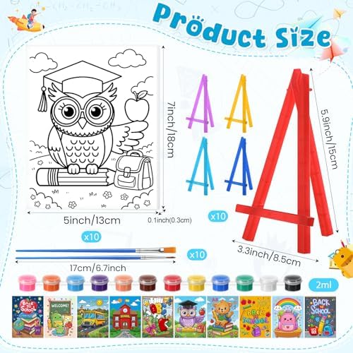 Blosssound 10 Set Back to School Pre Printed Canvas Pre Drawn Canvas Painting with Easel Kits 5" x 7" Outline Painting Panels for Beginners, DIY Craft Project, Party Favor, Home Decors