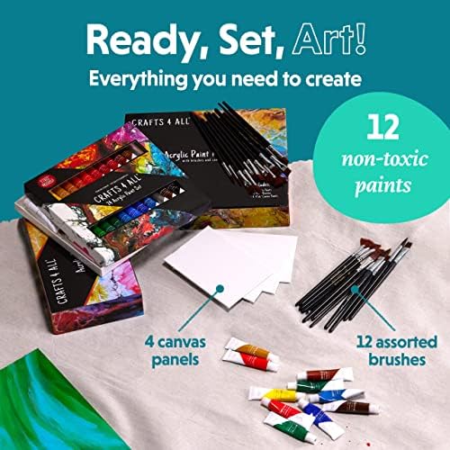 Crafts 4 All Acrylic Paint Set for Adults and Artists - 12 Pack of 12mL Paints with 12 Art Brushes & 4 Stretched Canvas Boards, Non-Toxic Craft Paint for Easter Eggs, Ceramic Rock Paint - Art Supplies