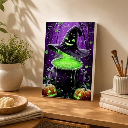 Spandrel Halloween Witch Magic Potion Paint by Numbers Kit for Adults, Witch Hat Dark Purple Forest Gothic DIY Canvas Oil Painting Wall Decor Halloween Holiday Gift, 8x12in
