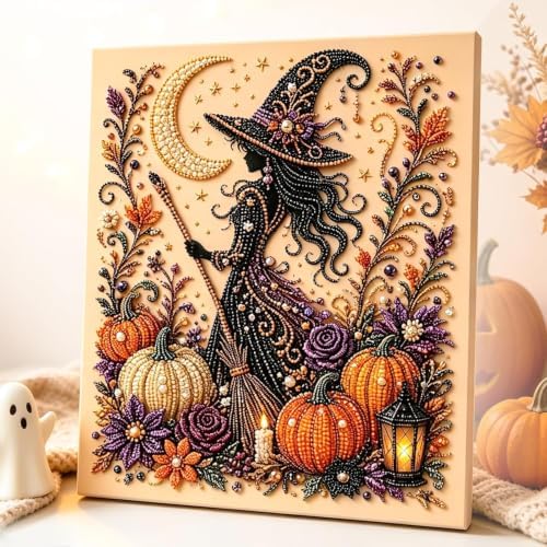 TLM Halloween Ghost Pearl Art DIY Kit, Spooky Cute 3D Diamond Painting Crafts for Adults, DIY Fall Home Decor Wall Art, Beginner DIY Seasonal Party Gift (Halloween Witch)